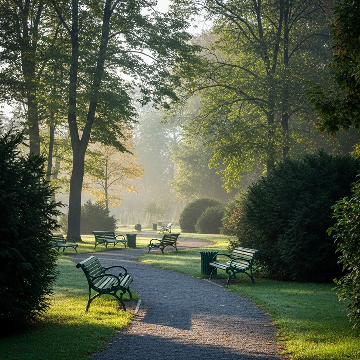 A paved walking path winding through a green Stockholm park with benches and morning light