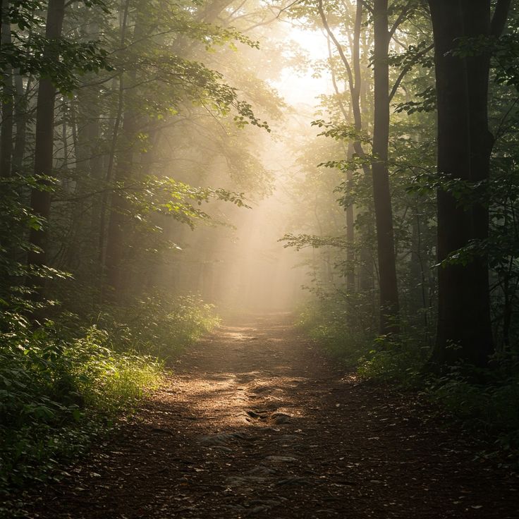 A forest trail in Stockholm illuminated by soft early morning sunlight filtering through trees